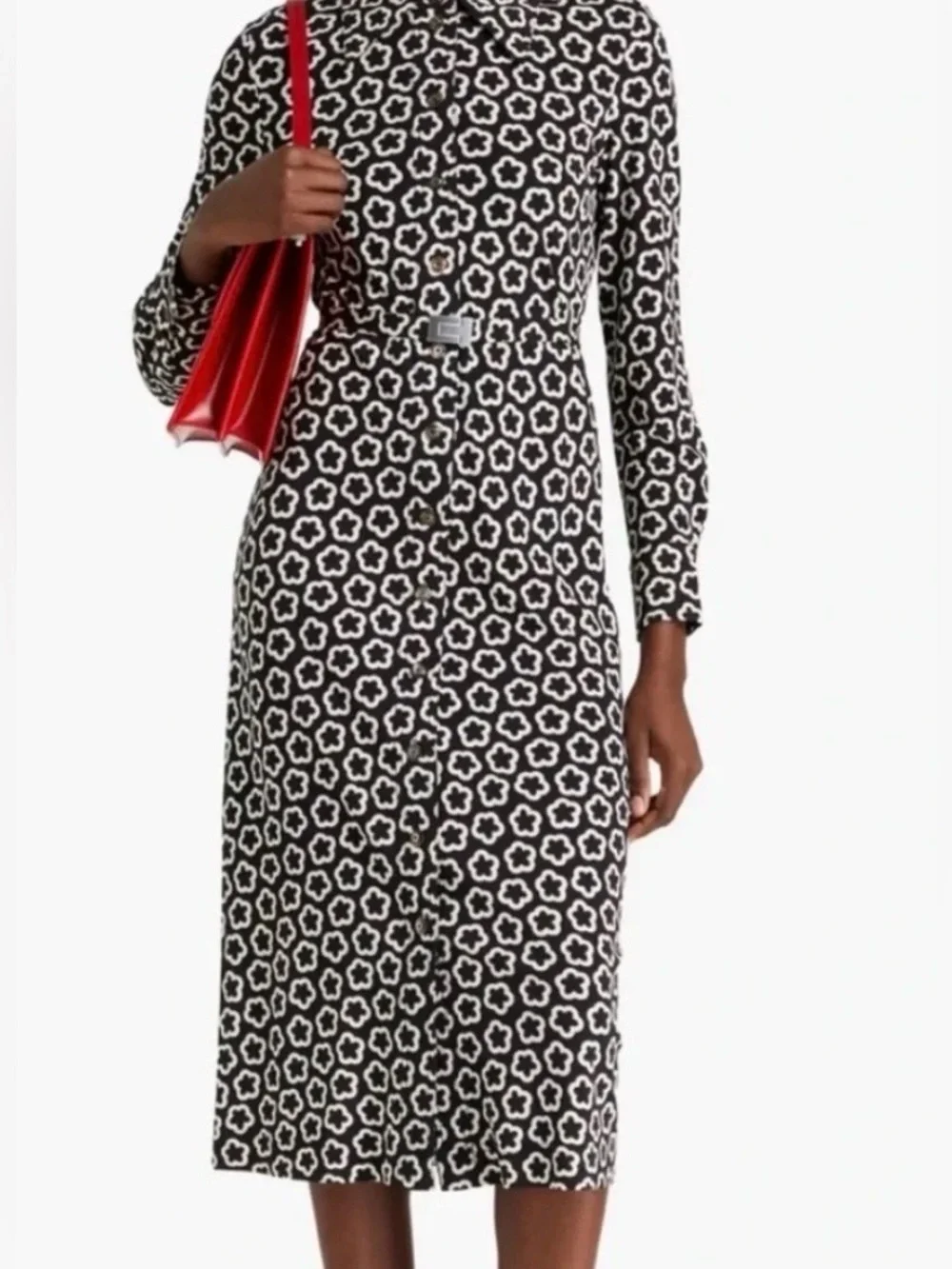 Tory Burch Black and White Patterned Long Sleeve Midi Dress NWOT